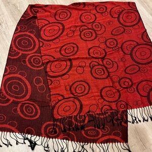 Pashmina and Silk Oblong Red and Burgundy Scarf Circular Swirl Pattern